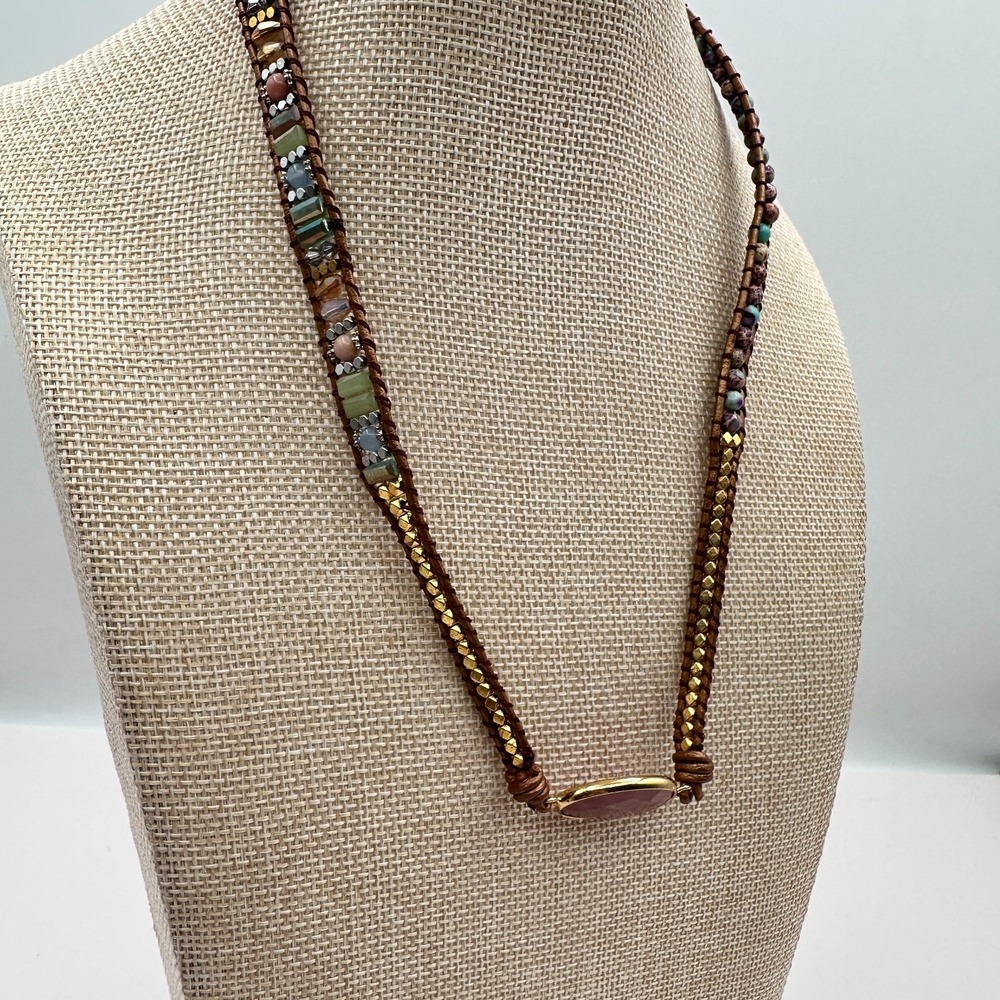 Vintage 90s Gold Tone Pink Jasper Leather Wrap Necklace Women's Jewelry